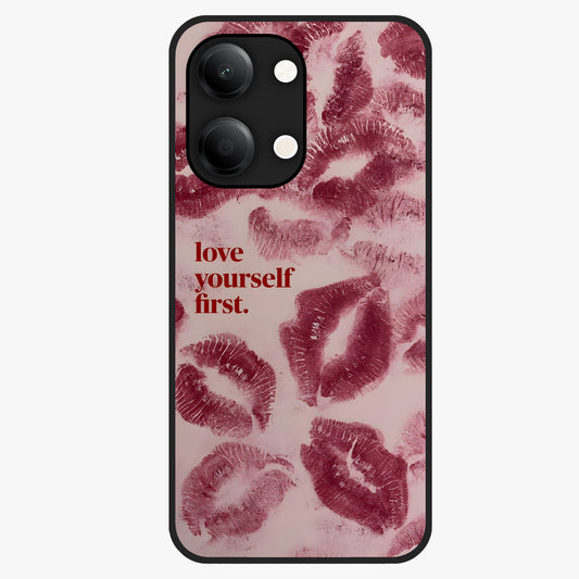 Crimson Kiss Love Glass Case showing flat back view with romantic crimson themed artwork and glossy glass finish.