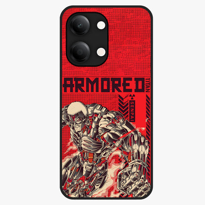 Crimson Mecha Titan Glass Case showing flat back view with powerful mech titan artwork and glossy glass finish.