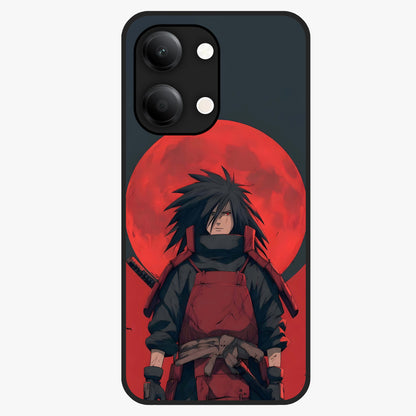 Crimson Moon Warlord Glass Case showing flat back view with mystical moon warrior artwork and glossy glass finish.