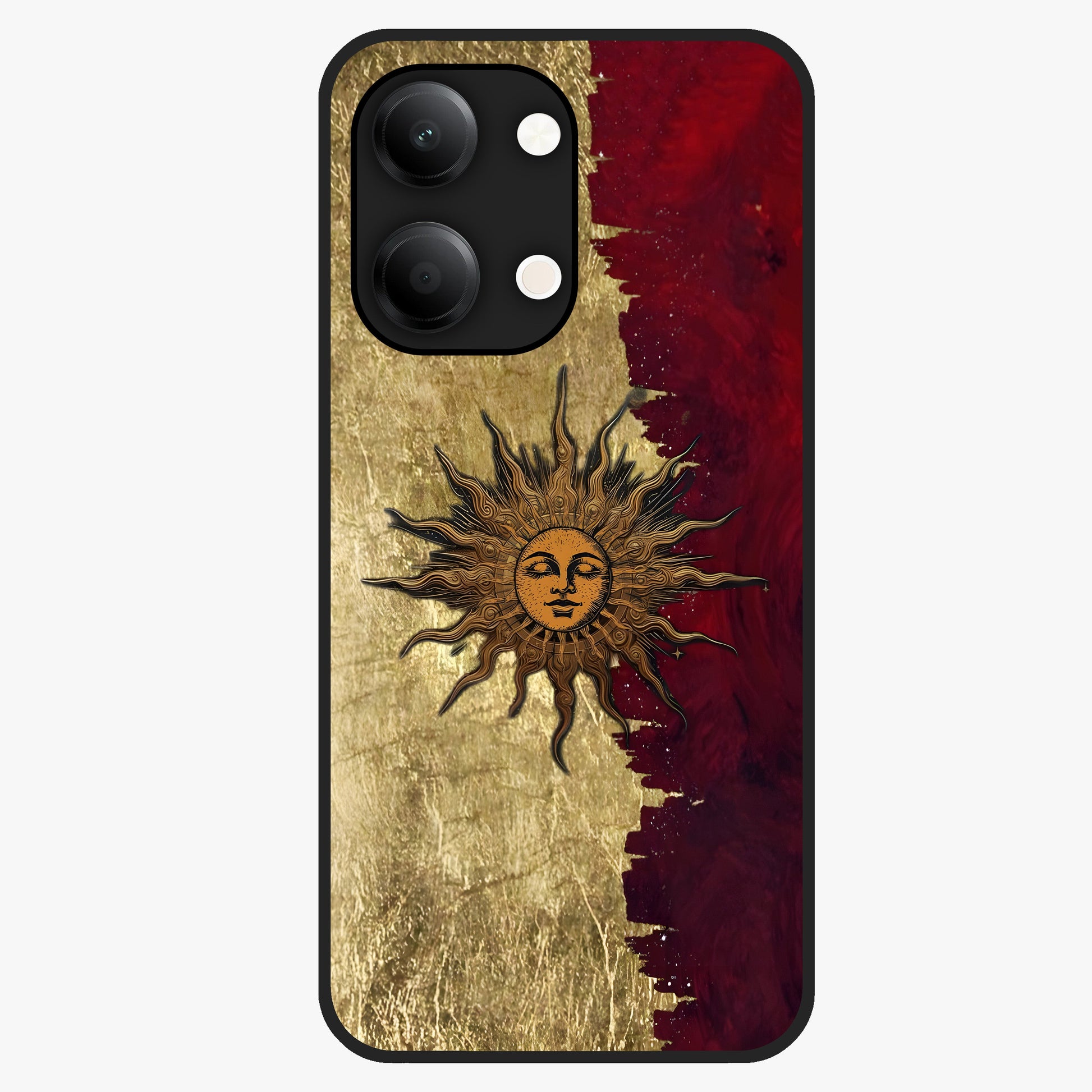 Crimson Sun Majesty Glass Case showing flat back view with radiant sun inspired artwork and glossy glass finish.