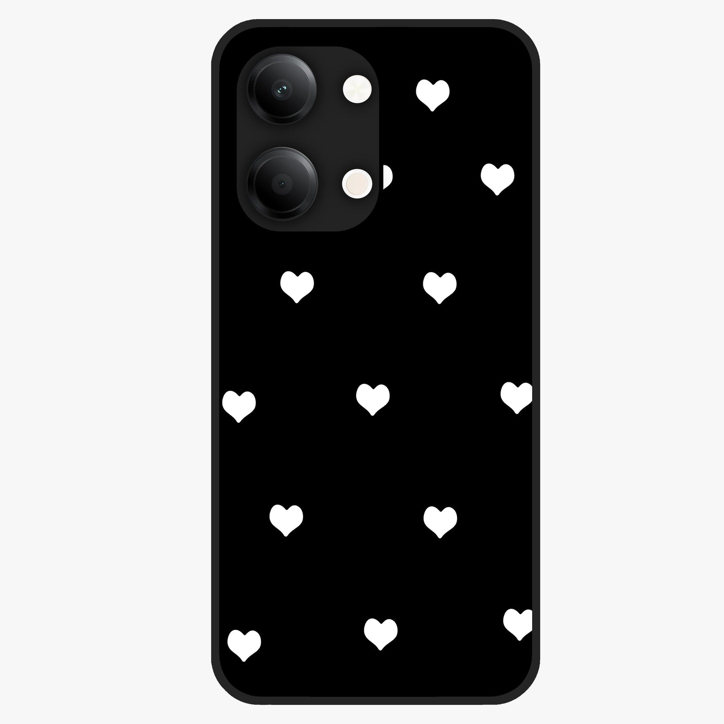 Cute And Simple White Hearts Glass Case showing flat back view with minimal white heart pattern and glossy glass finish.