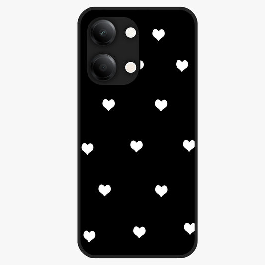 Cute And Simple White Hearts Glass Case showing flat back view with minimal white heart pattern and glossy glass finish.