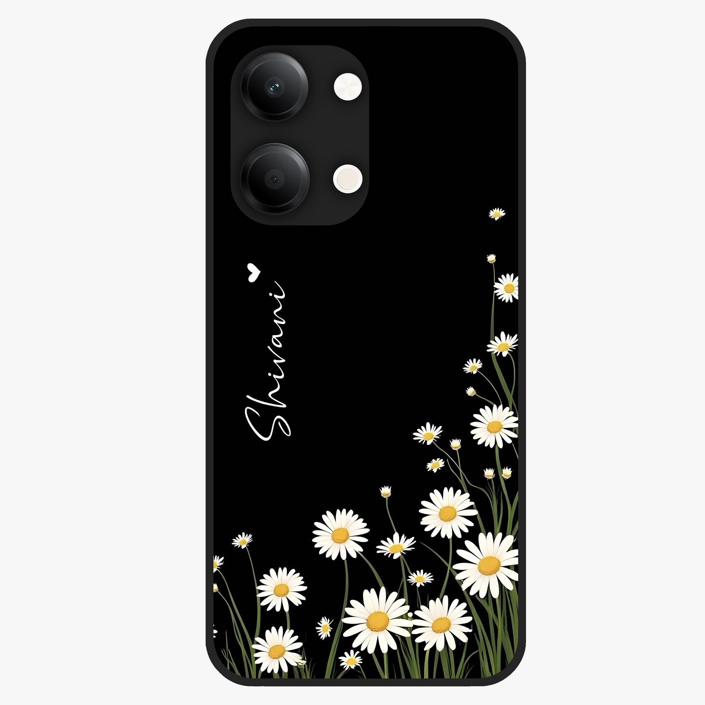 Daisy Cascade Custom Name Glass Case showing flat back view with cascading daisy flowers and personalized name design.