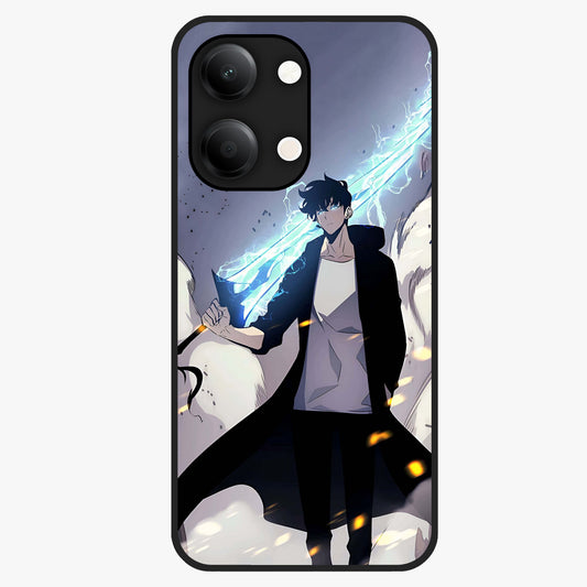 Dark Lightning Anime Warrior Glass Case showing flat back view with intense anime warrior artwork and glossy glass finish.