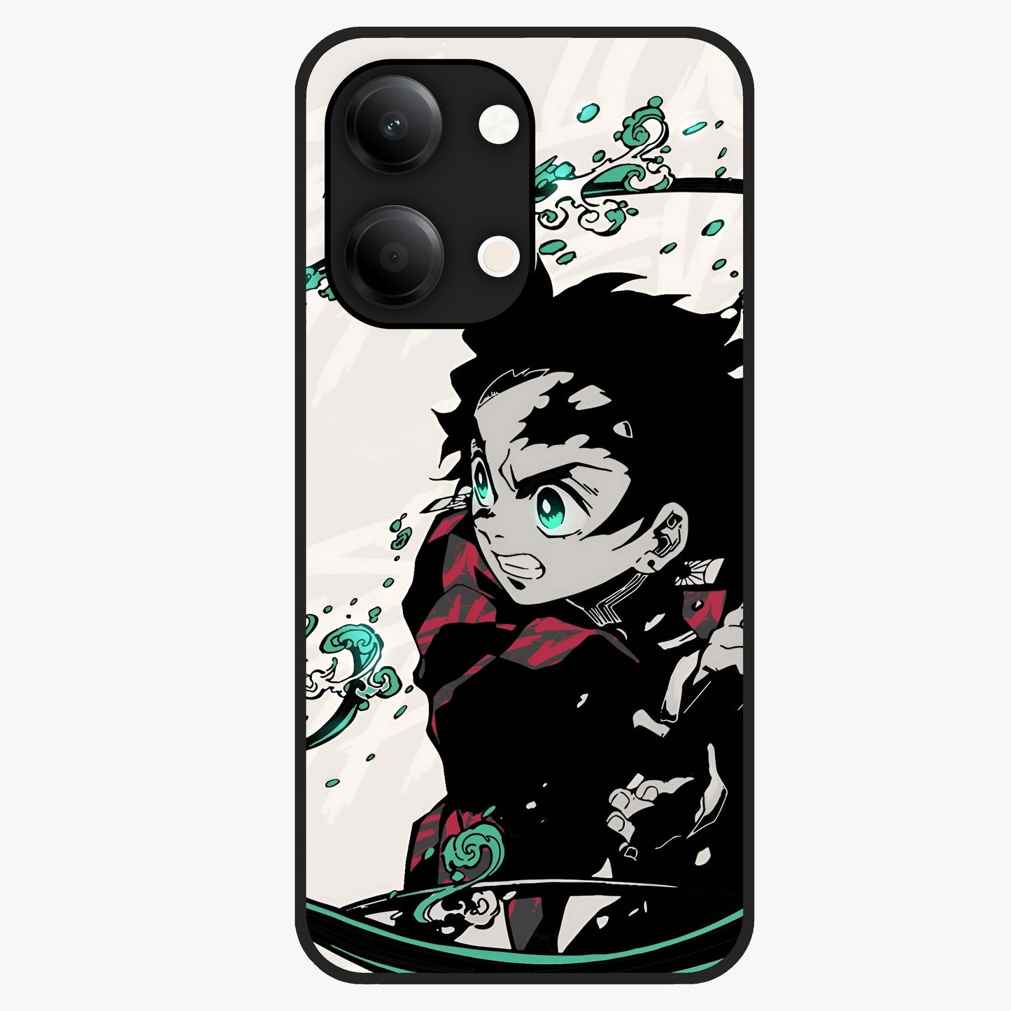 Demon Slayer Glass Case showing flat back view with bold anime inspired artwork and glossy glass finish.