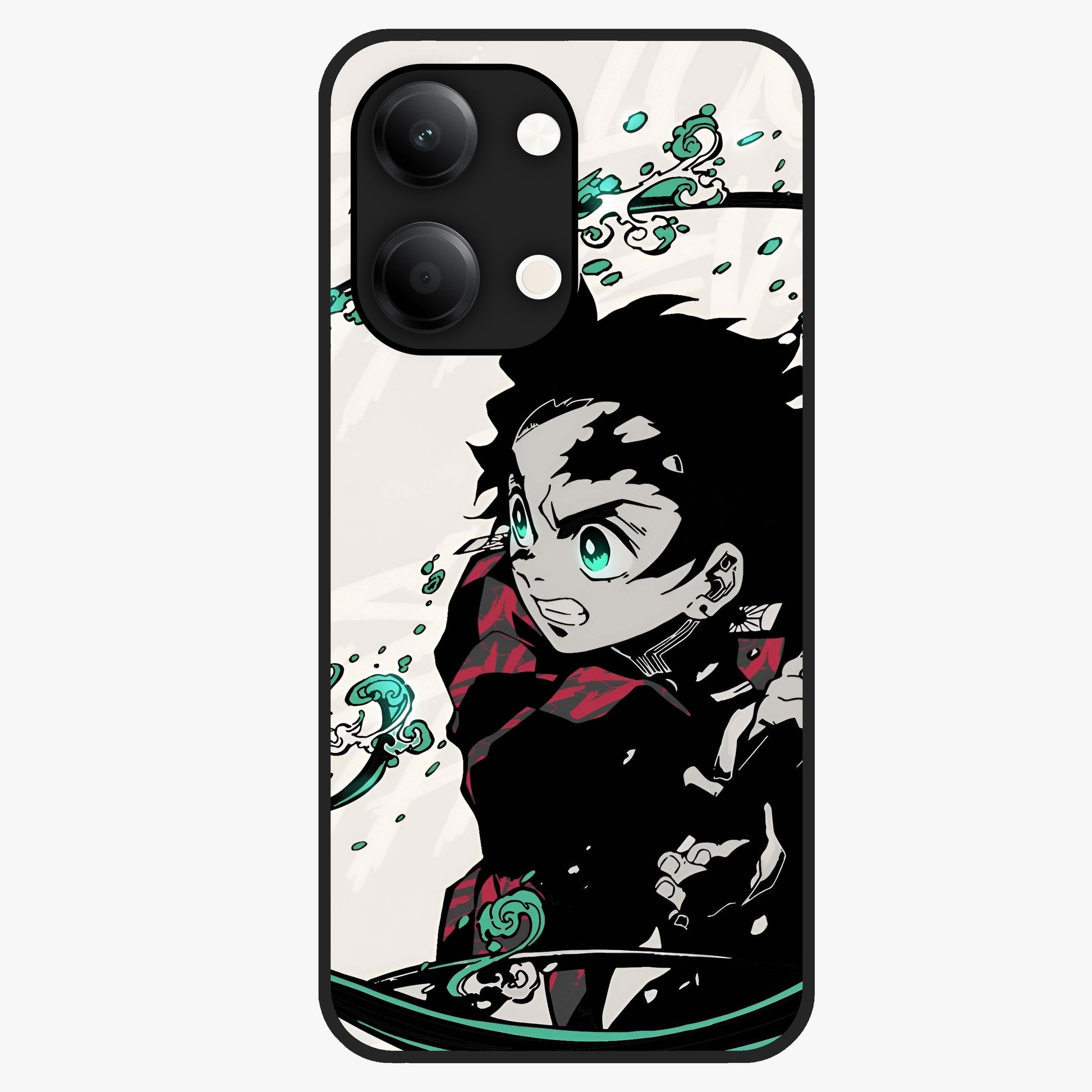 Demon Slayer Glass Case showing flat back view with bold anime inspired artwork and glossy glass finish.