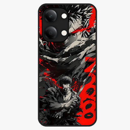 Demon Sword Resolve Glass Case showing flat back view with fierce sword warrior artwork and glossy glass finish.