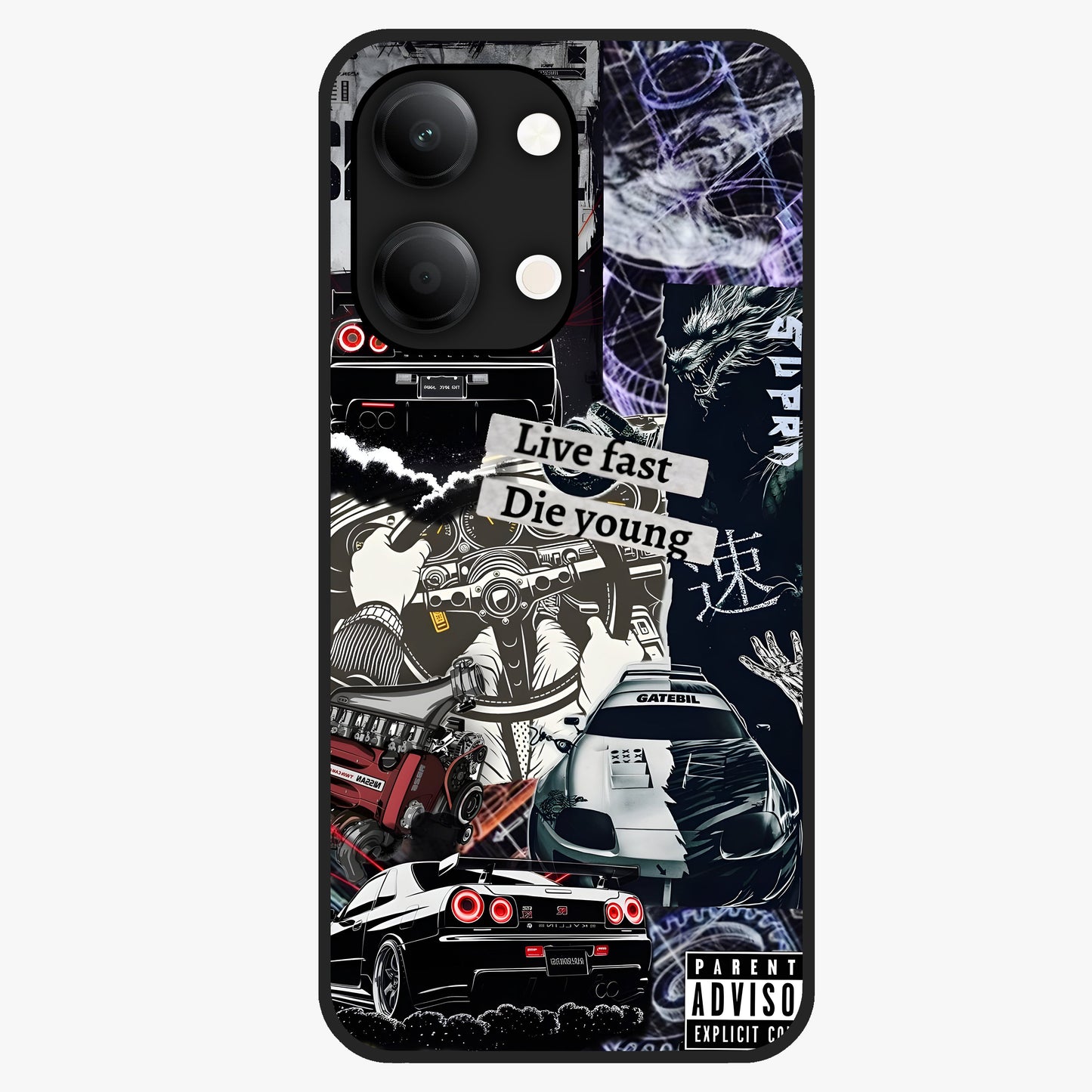 Die Young Glass Case showing flat back view with bold artistic typography design and glossy glass finish.