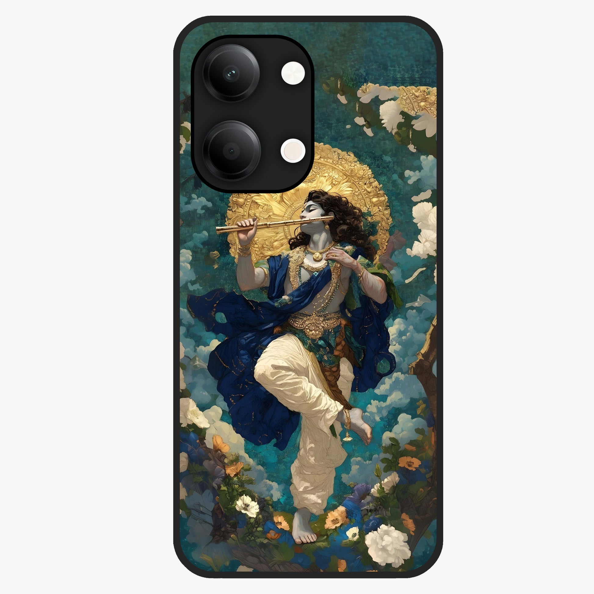Divine Krishna Art Glass Case showing flat back view with Lord Krishna artwork and glossy glass finish.