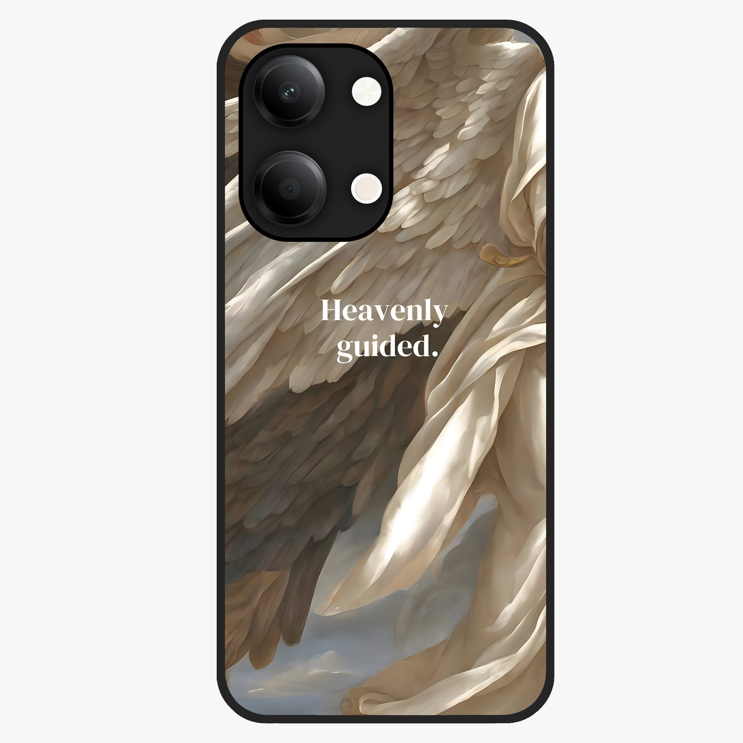 Divine Winged Grace Glass Case showing flat back view with elegant wing inspired artwork and glossy glass finish.