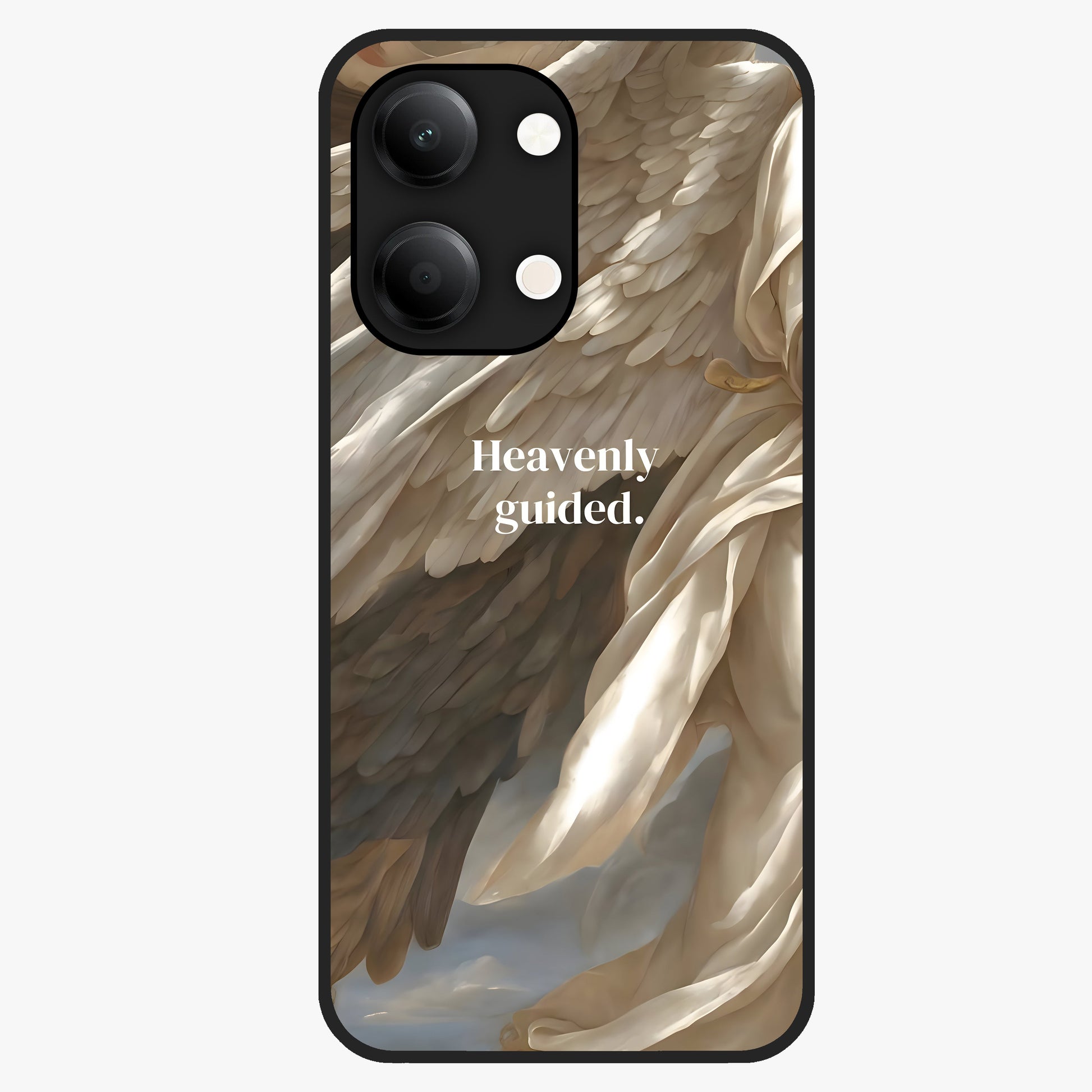 Divine Winged Grace Glass Case showing flat back view with elegant wing inspired artwork and glossy glass finish.