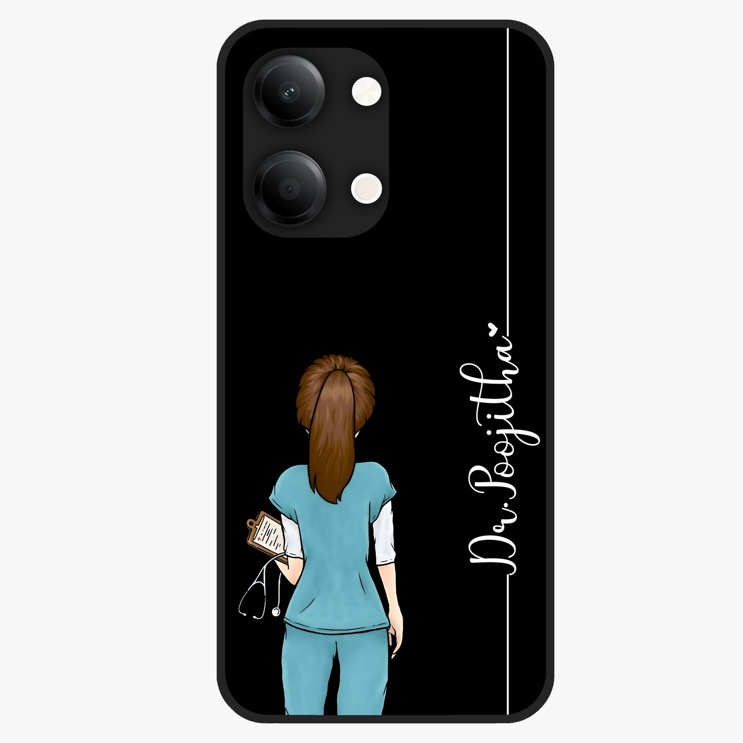 Doctor Pattern Custom Name Glass Case showing flat back view with medical themed pattern and personalized name design.