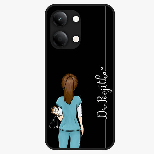 Doctor Pattern Custom Name Glass Case showing flat back view with medical themed pattern and personalized name design.