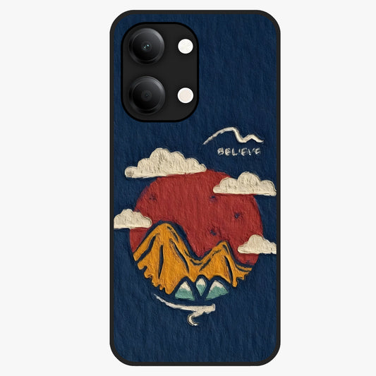 Dream Beyond Mountains Glass Case showing flat back view with scenic mountain landscape artwork and glossy glass finish.