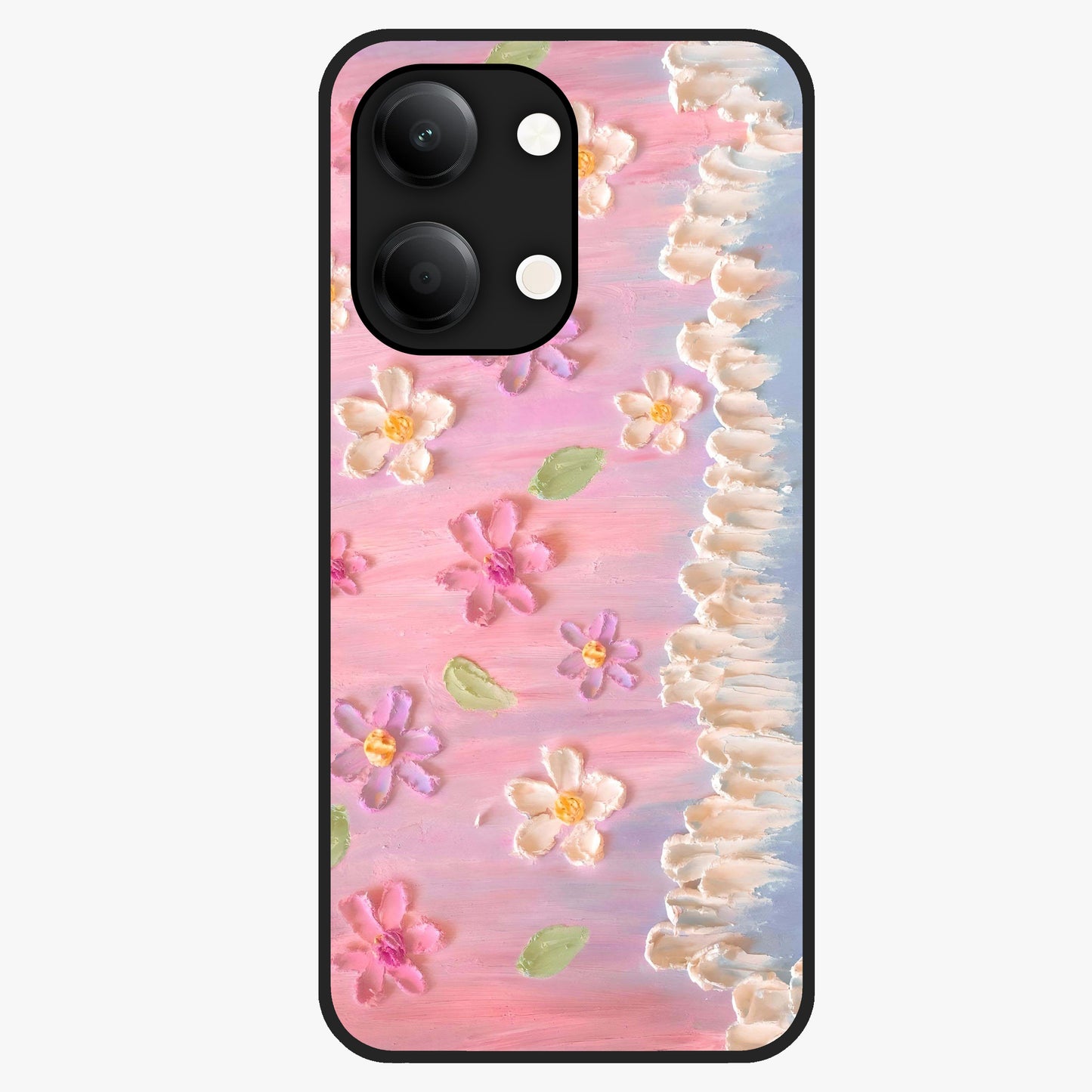Dreamy Painted Garden Glass Case showing flat back view with artistic painted floral garden artwork and glossy glass finish.