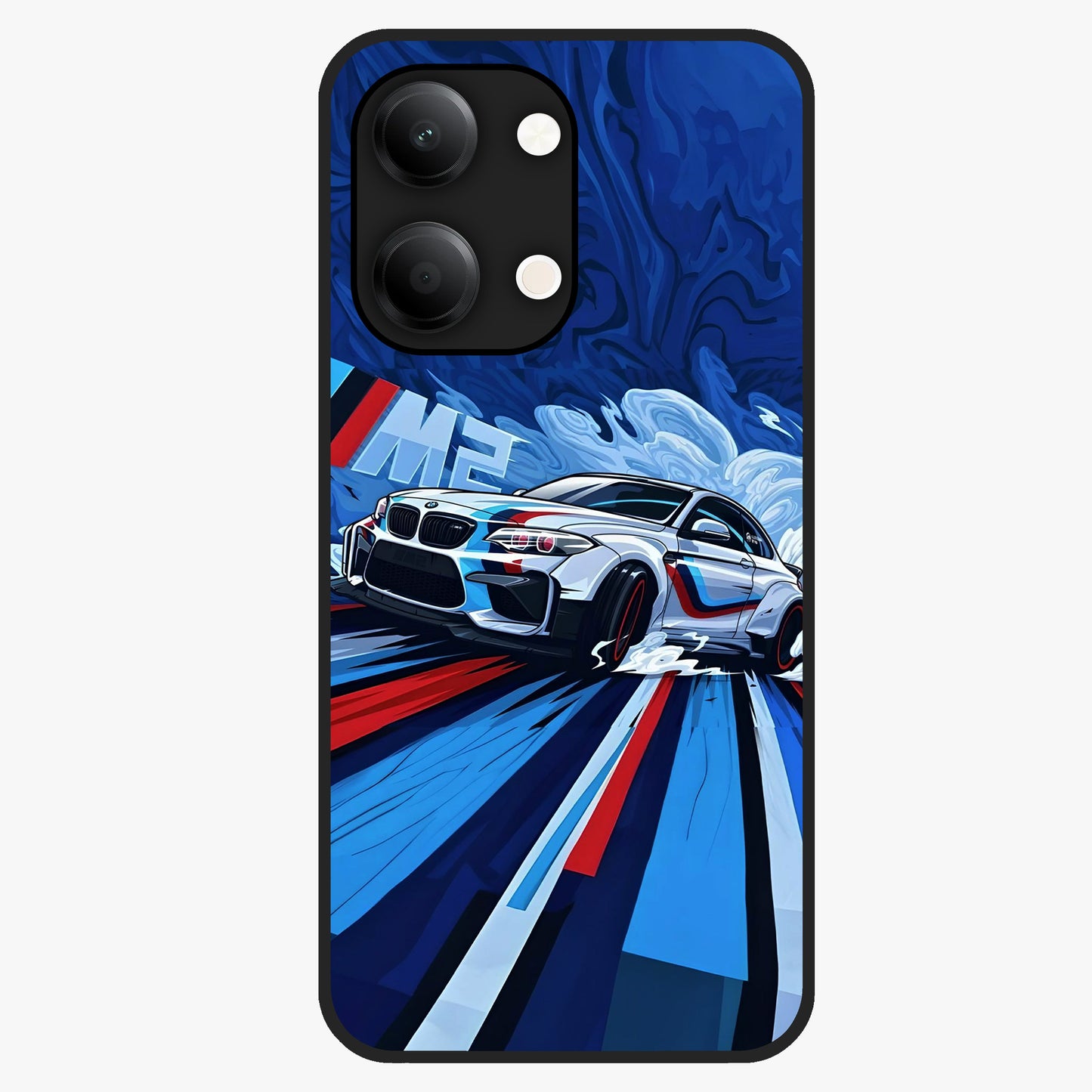 Drift Power Rush Glass Case showing flat back view with dynamic racing inspired artwork and glossy glass finish.