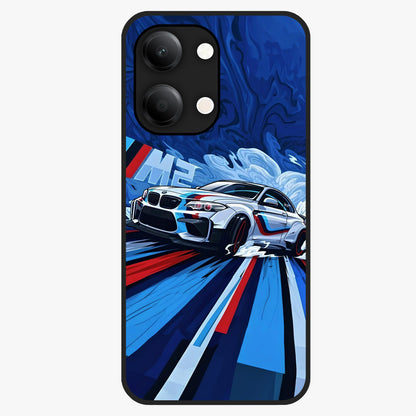 Drift Power Rush Glass Case showing flat back view with dynamic racing inspired artwork and glossy glass finish.