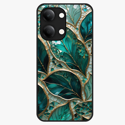 Emerald Leaf Glass Glass Case showing flat back view with emerald green leaf artwork and glossy glass finish.