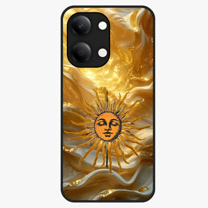 Eternal Golden Glow Glass Case showing flat back view with radiant golden themed artwork and glossy glass finish.