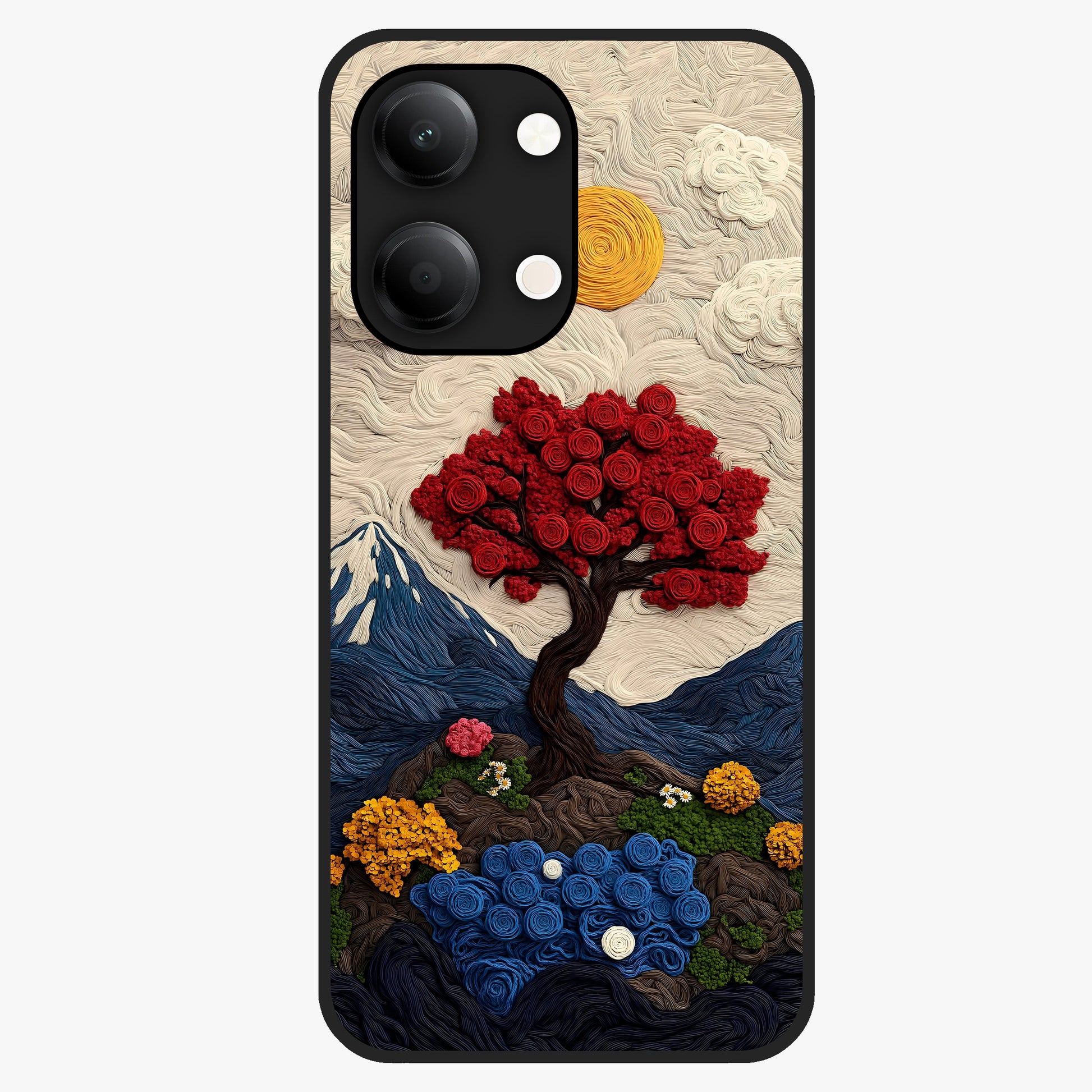 Eternal Nature Tapestry Glass Case showing flat back view with intricate nature tapestry artwork and glossy glass finish.