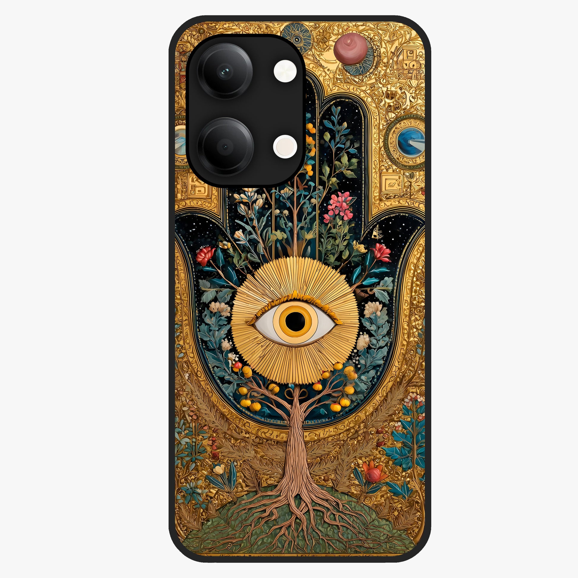 Ethereal Evil Eye Glass Case showing flat back view with mystical evil eye artwork and glossy glass finish.