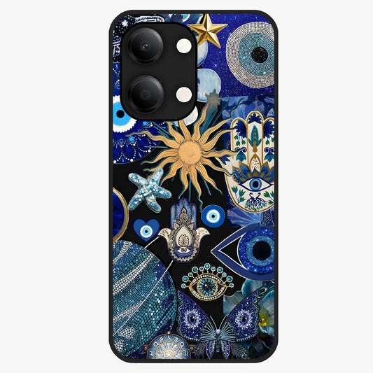 Evil Eye Charm Mix Glass Case showing flat back view with multiple evil eye charms artwork and glossy glass finish.