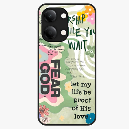 Faith Over Fear Glass Case showing flat back view with motivational typography artwork and glossy glass finish.