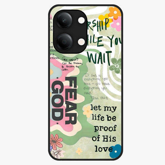 Faith Over Fear Glass Case showing flat back view with motivational typography artwork and glossy glass finish.