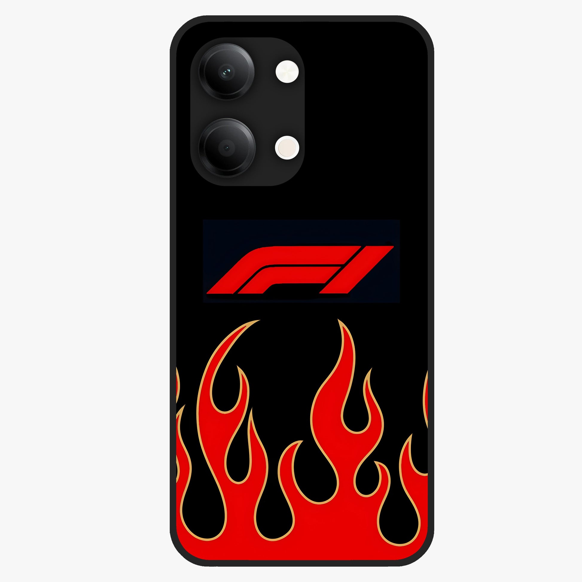 Fire F11 Glass Case showing flat back view with fiery themed artwork and glossy glass finish.