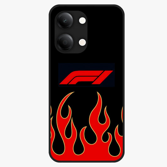 Fire F11 Glass Case showing flat back view with fiery themed artwork and glossy glass finish.
