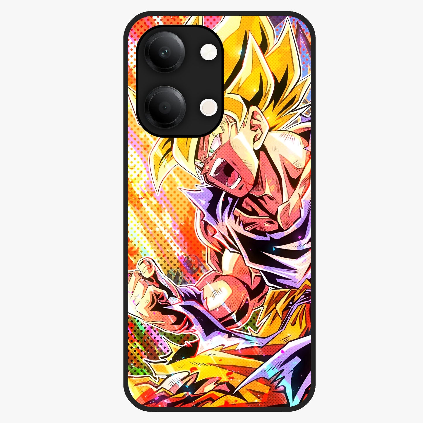 Firing Goku Glass Case showing flat back view with powerful anime inspired artwork and glossy glass finish.