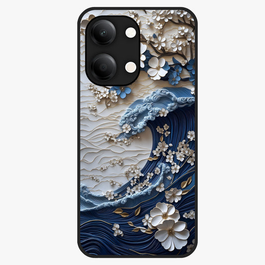 Floral Wave Origami Glass Case showing flat back view with origami inspired floral wave artwork and glossy glass finish.