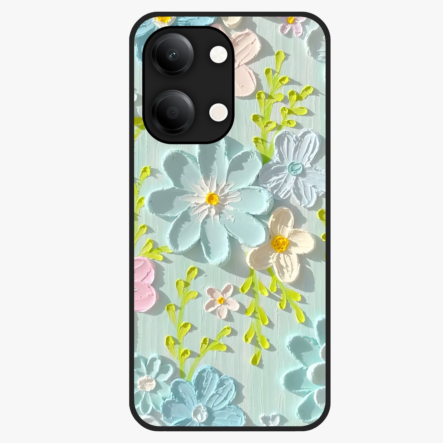Frosted Petal Garden Glass Case showing flat back view with soft frosted floral artwork and glossy glass finish.