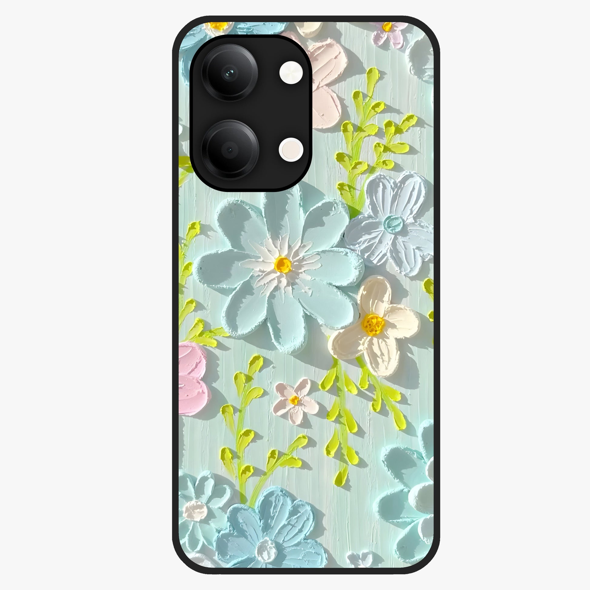 Frosted Petal Garden Glass Case showing flat back view with soft frosted floral artwork and glossy glass finish.