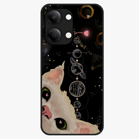 Galactic Cat Glass Case showing flat back view with cosmic cat artwork and glossy glass finish.