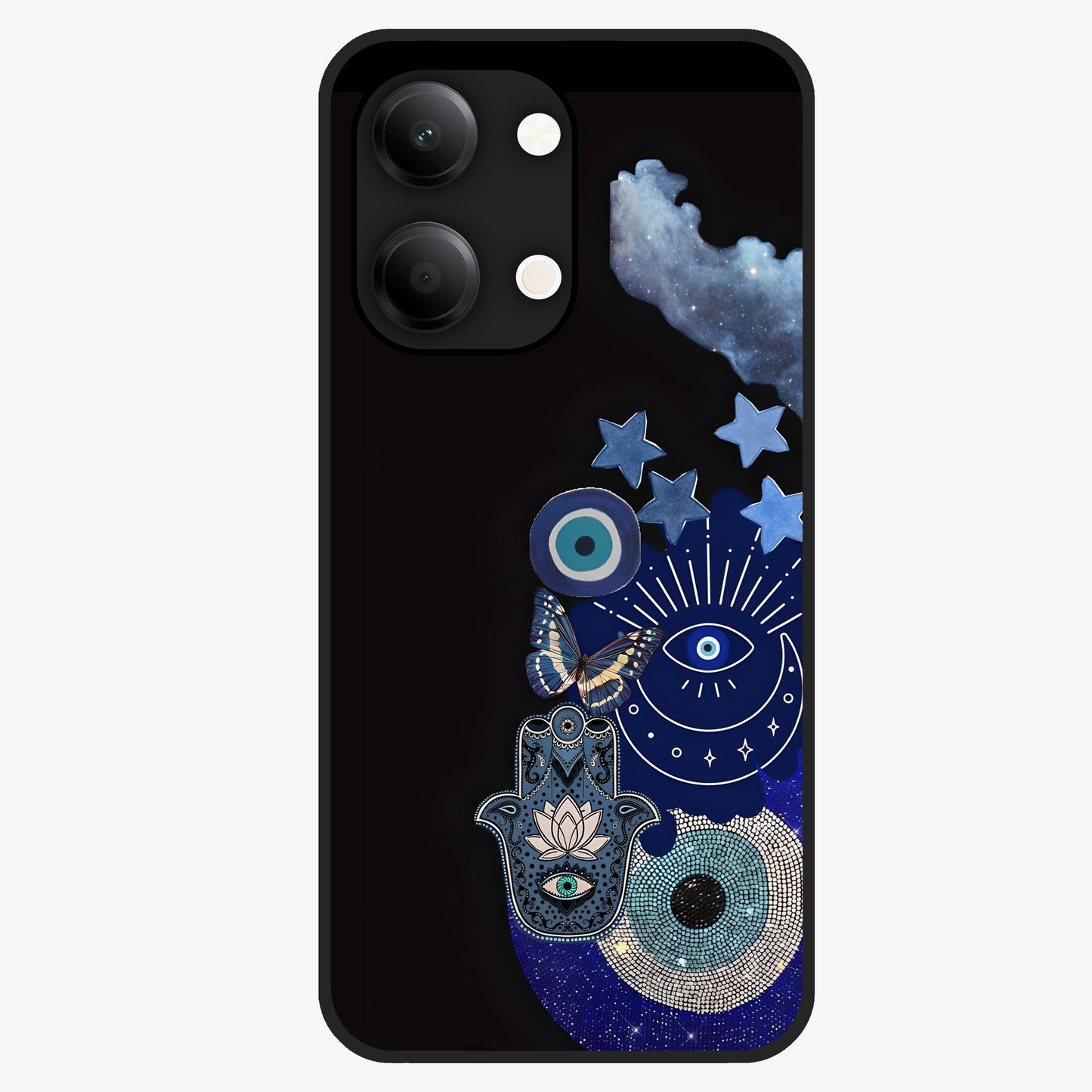 Galactic Charm Cluster Glass Case showing flat back view with glowing celestial charm artwork and glossy glass finish.