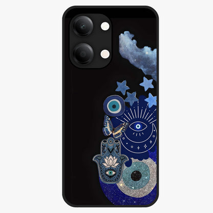 Galactic Charm Cluster Glass Case showing flat back view with glowing celestial charm artwork and glossy glass finish.