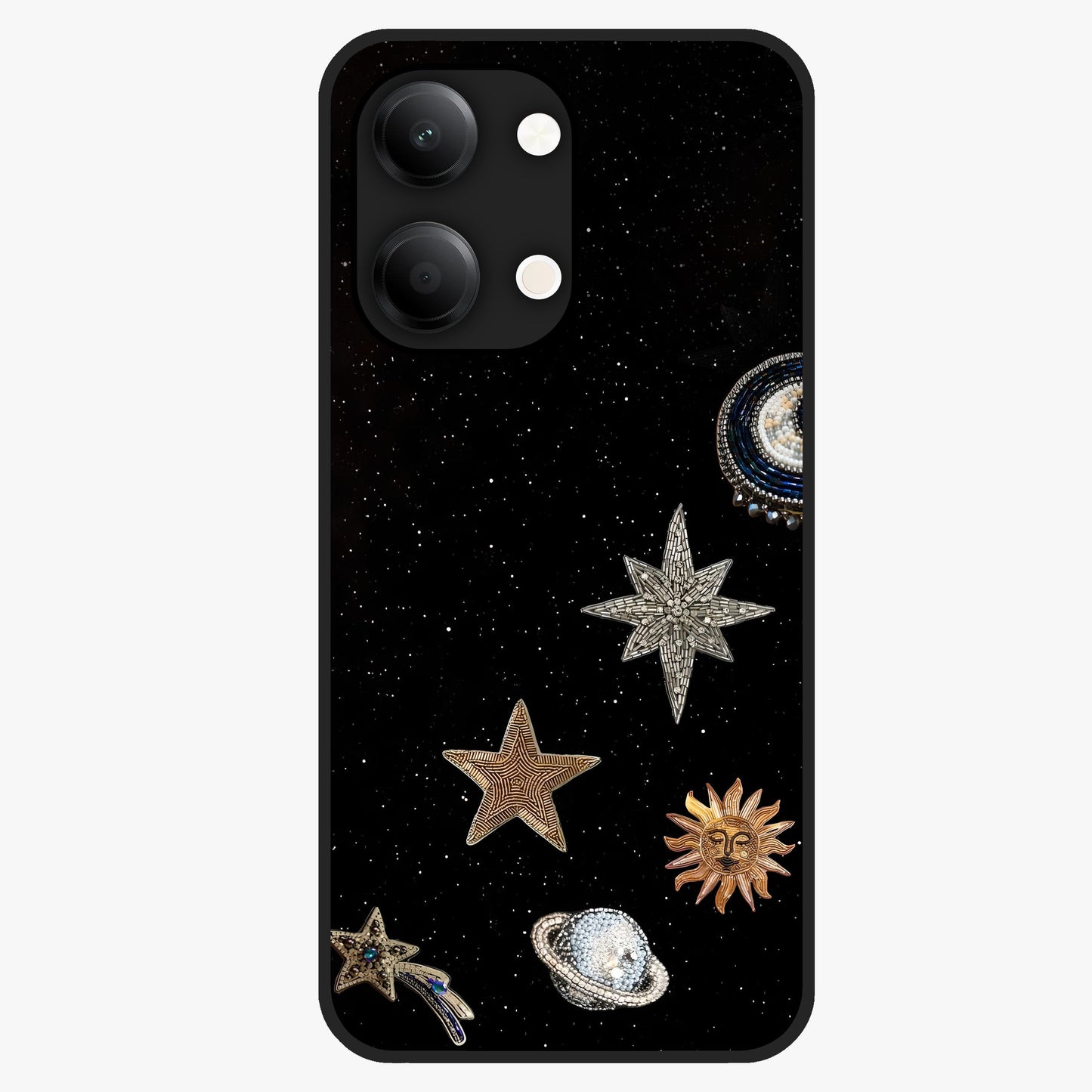 Galactic Charm Glow Glass Case showing flat back view with glowing celestial charm artwork and glossy glass finish.