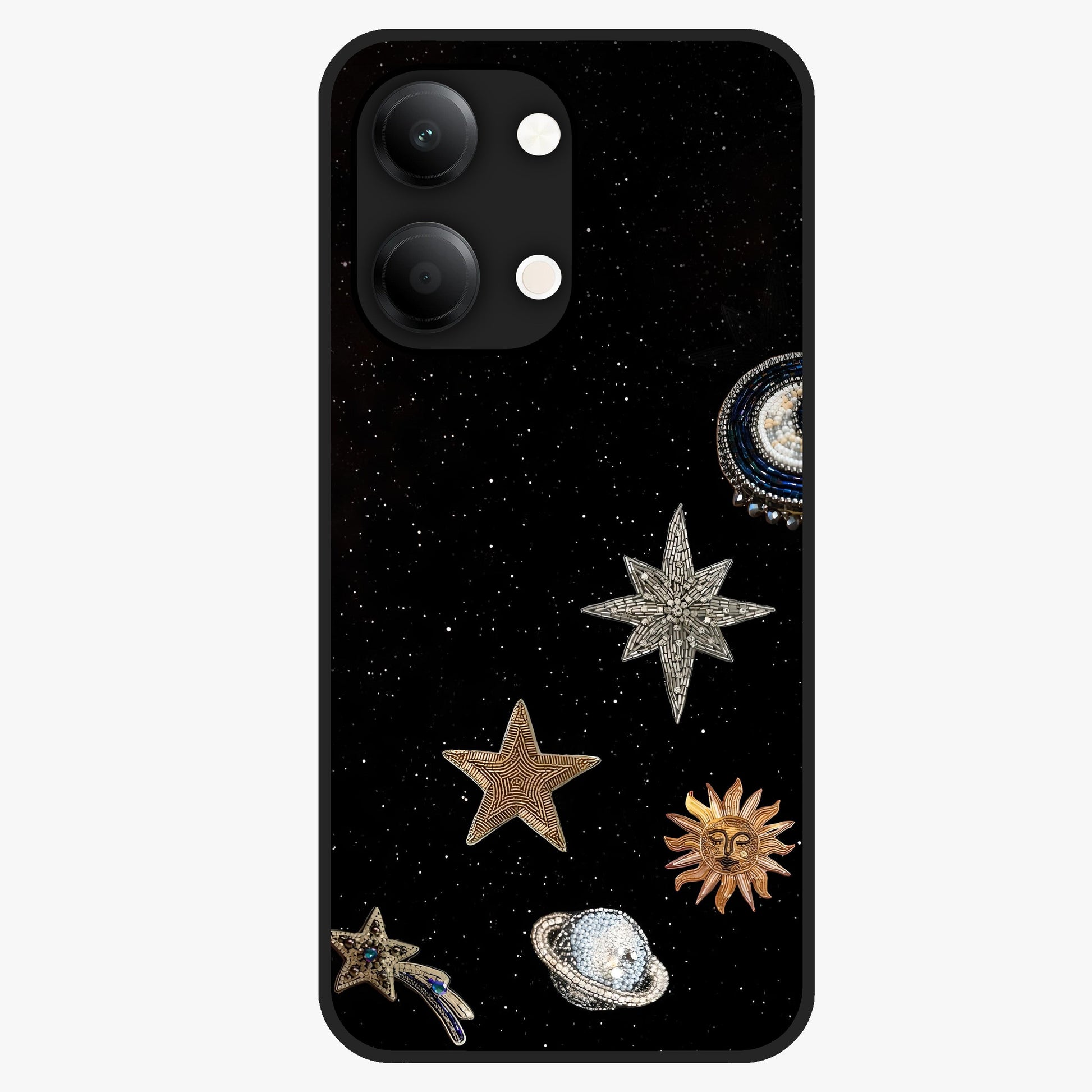Galactic Charm Glow Glass Case showing flat back view with glowing celestial charm artwork and glossy glass finish.