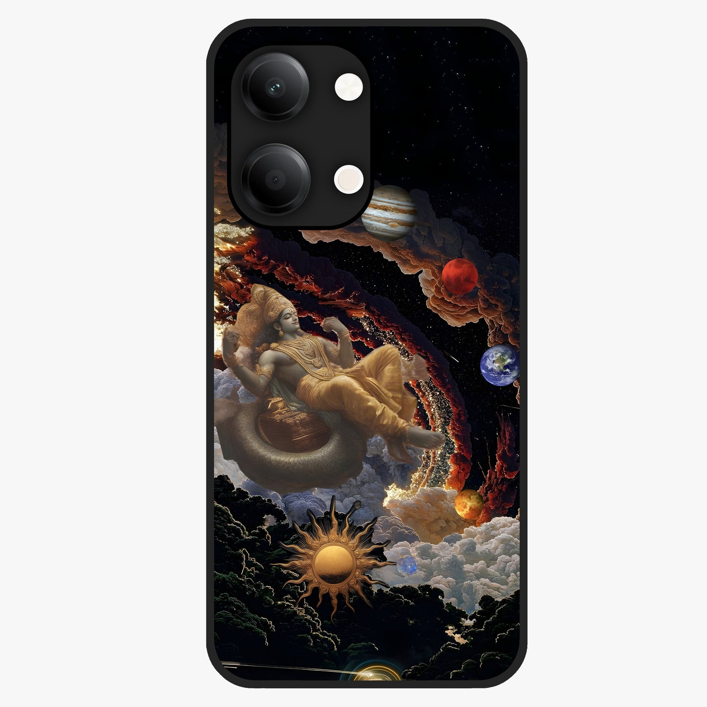 Galactic Divine God Glass Case showing flat back view with divine cosmic themed artwork and glossy glass finish.