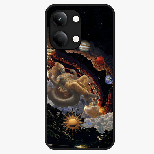 Galactic Divine God Glass Case showing flat back view with divine cosmic themed artwork and glossy glass finish.