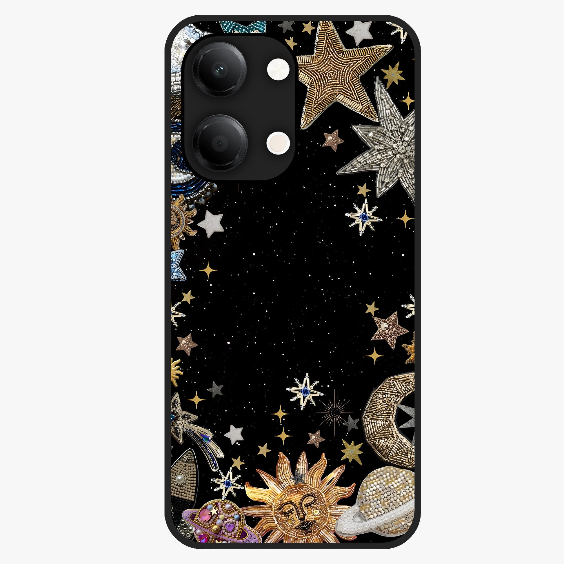 Galactic Jewel Stars Glass Case showing flat back view with sparkling star jewel artwork and glossy glass finish.