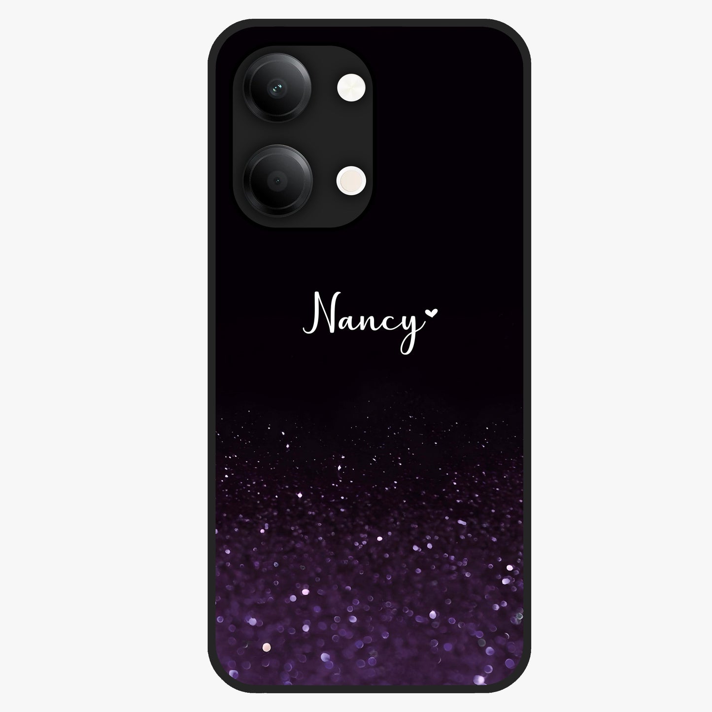 Glittery Purple Bokeh Custom Name Glass Case showing flat back view with purple bokeh sparkle artwork and personalized name design.
