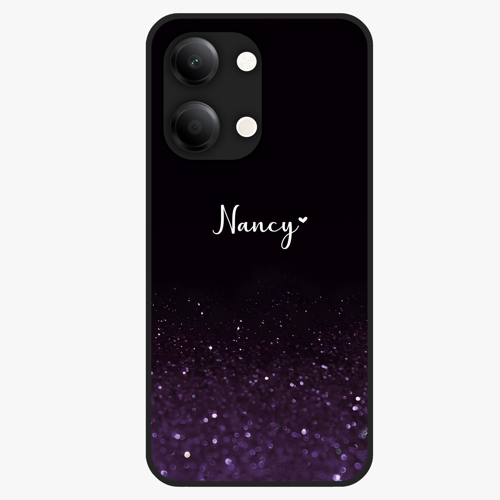 Glittery Purple Bokeh Custom Name Glass Case showing flat back view with purple bokeh sparkle artwork and personalized name design.