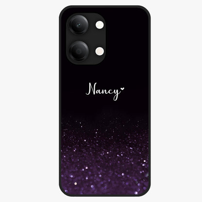 Glittery Purple Bokeh Custom Name Glass Case showing flat back view with purple bokeh sparkle artwork and personalized name design.