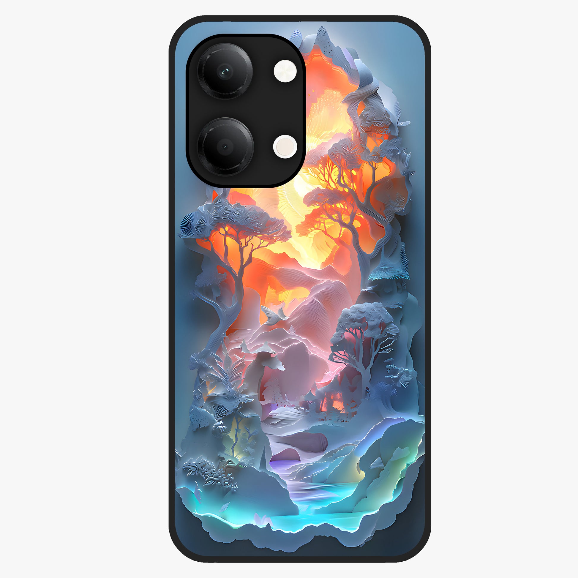 Glow Forest Portal Glass Case showing flat back view with glowing forest portal artwork and glossy glass finish.