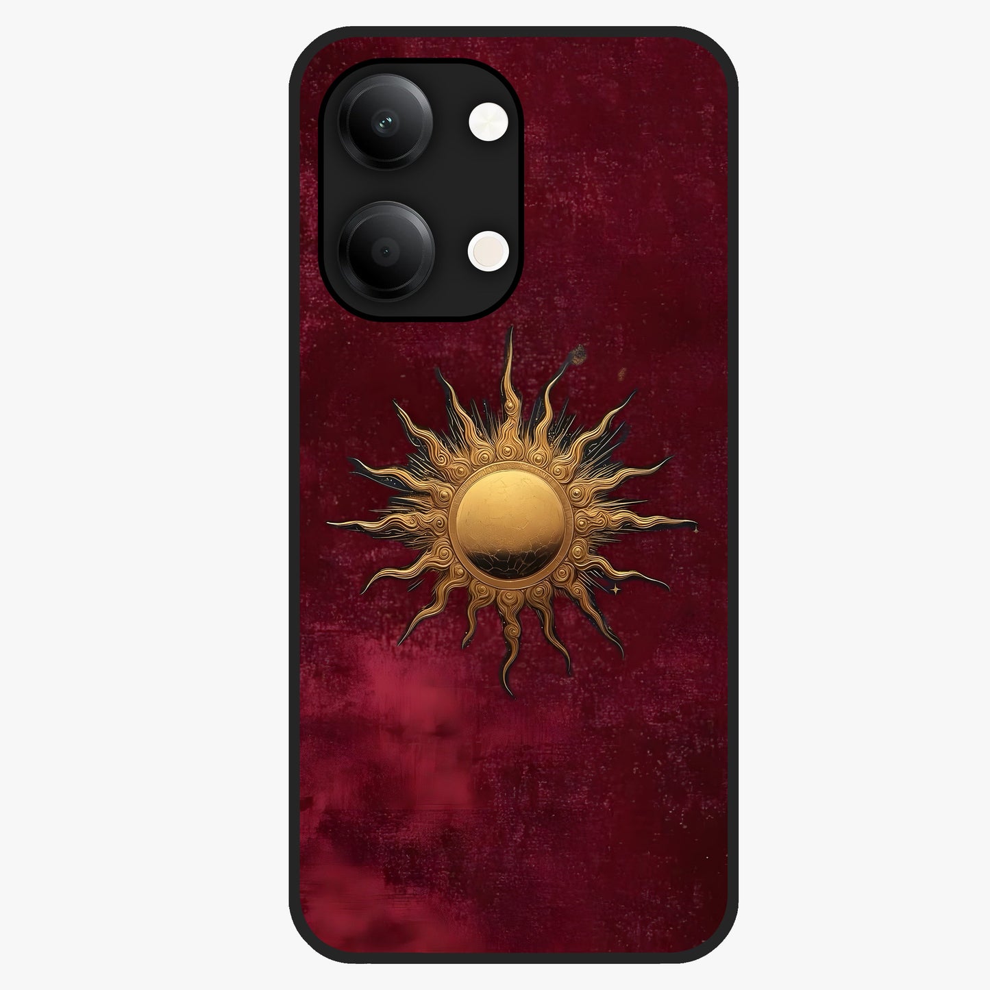 Gold Sun Blush Glass Case showing flat back view with golden sun inspired artwork and glossy glass finish.