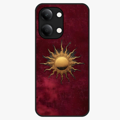 Gold Sun Blush Glass Case showing flat back view with golden sun inspired artwork and glossy glass finish.
