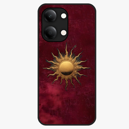 Gold Sun Blush Glass Case showing flat back view with golden sun inspired artwork and glossy glass finish.