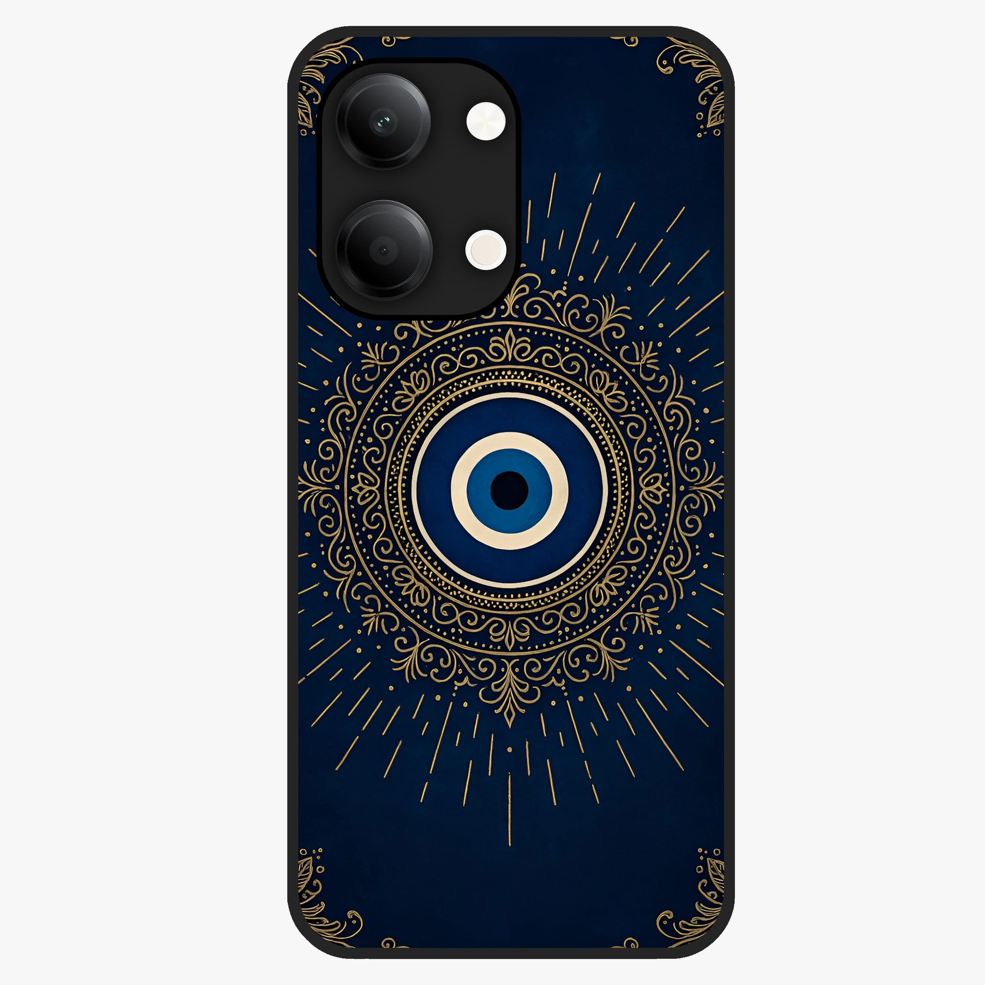 Golden Evil Eye Mandala Glass Case showing flat back view with intricate evil eye mandala artwork and glossy glass finish.